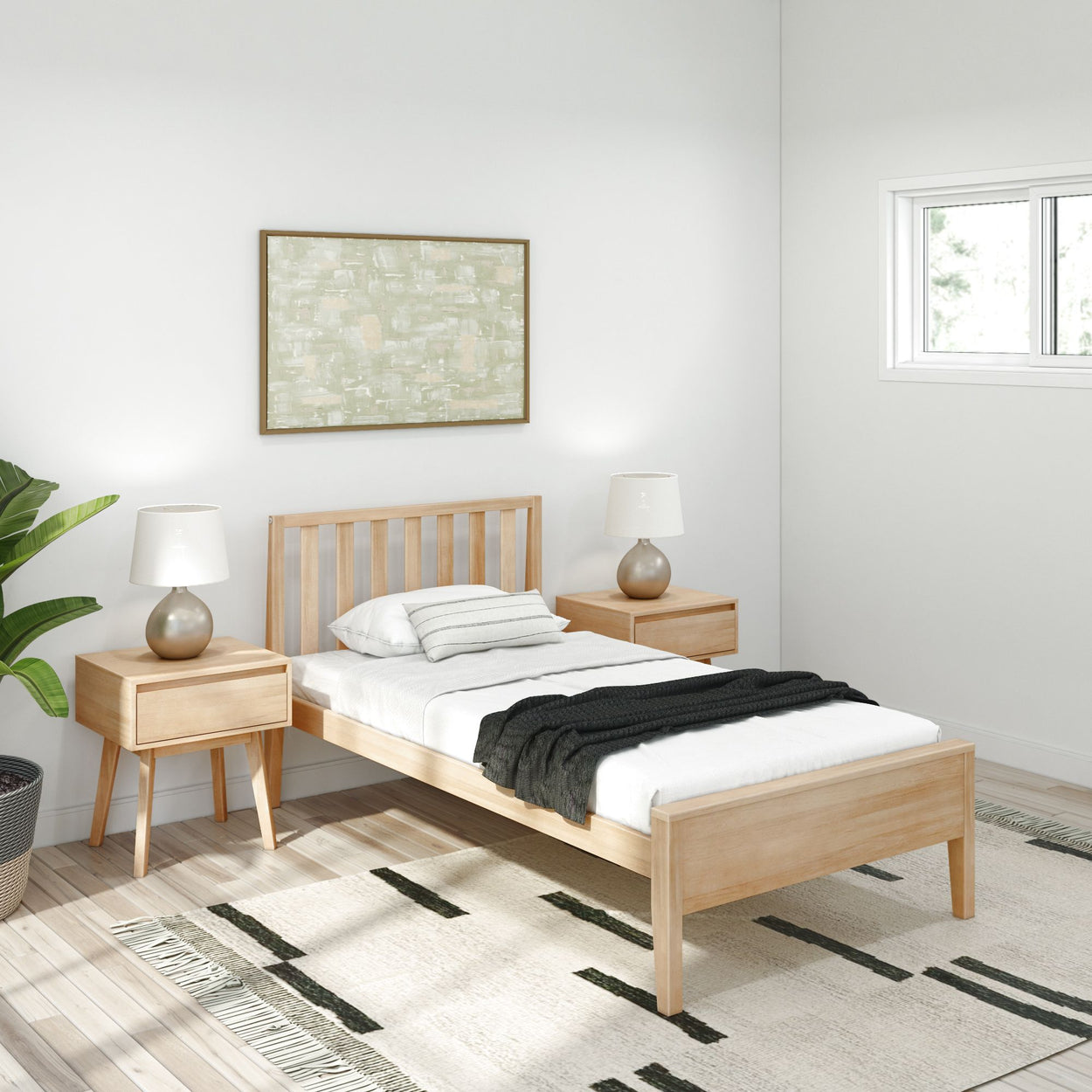 Modern Solid Wood Twin Size Bed with Slatted Headboard Single Beds Plank+Beam Blonde 
