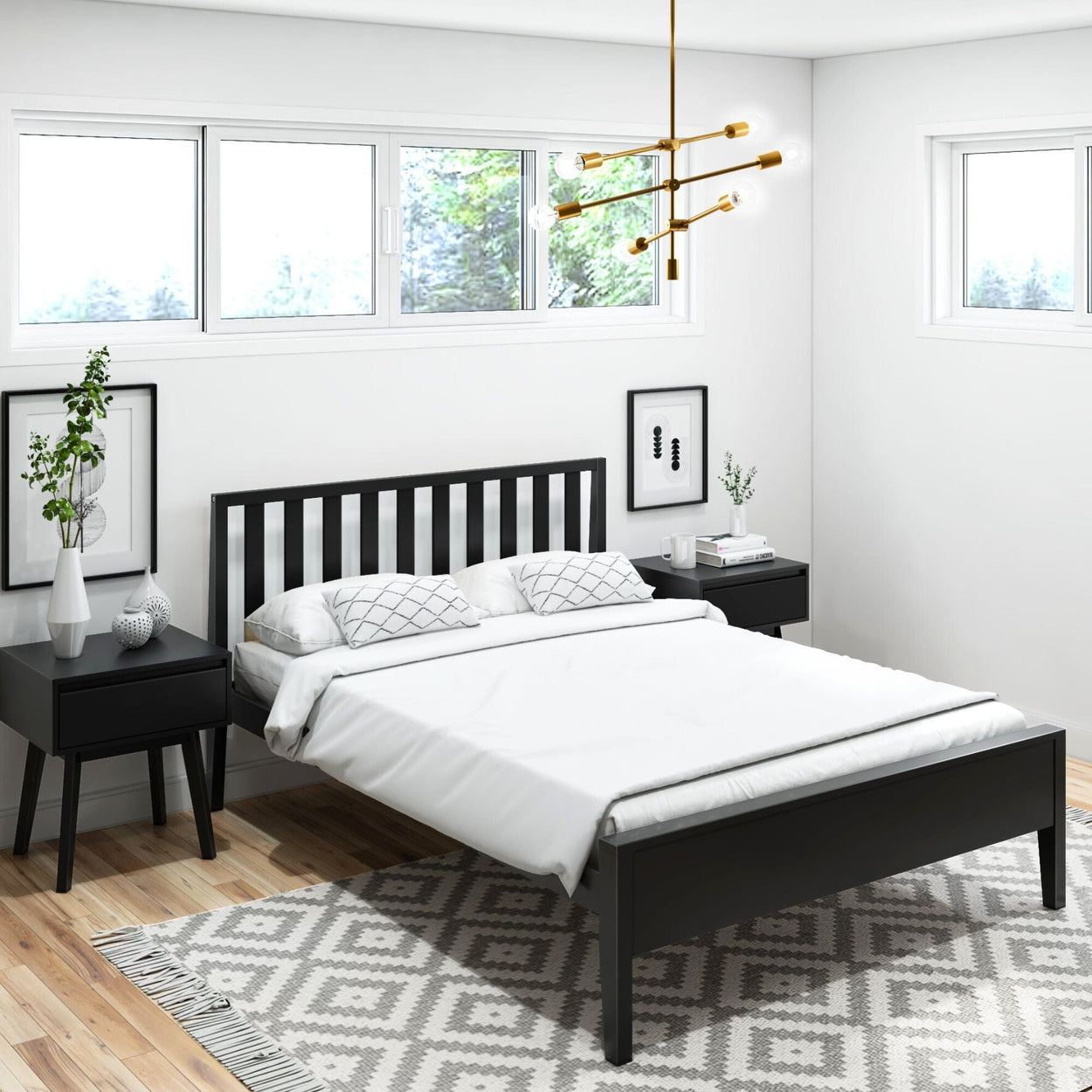 Modern Solid Wood Full Size Bed with Slatted Headboard Single Beds Plank+Beam Black 