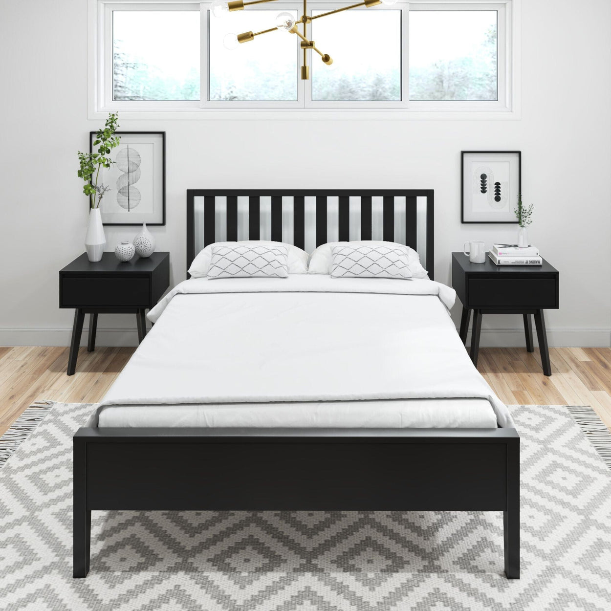Modern Solid Wood Full Size Bed with Slatted Headboard Single Beds Plank+Beam 