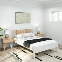Modern Solid Wood Full Size Bed with Slatted Headboard Single Beds Plank+Beam White and Blonde 