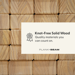Knot-free solid wood blocks with text overlay "Quality materials you can count on" from PLANK+BEAM manufacturer.