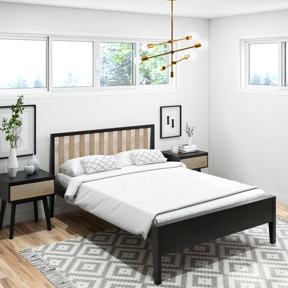 Modern Solid Wood Full Size Bed with Slatted Headboard Single Beds Plank+Beam Black and Blonde 