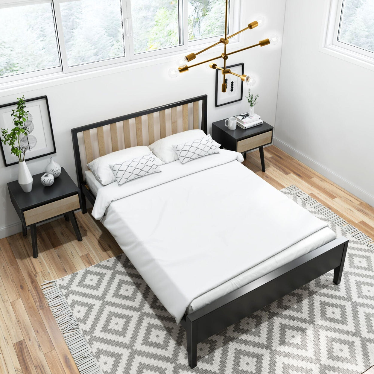Modern Solid Wood Full Size Bed with Slatted Headboard Single Beds Plank+Beam 