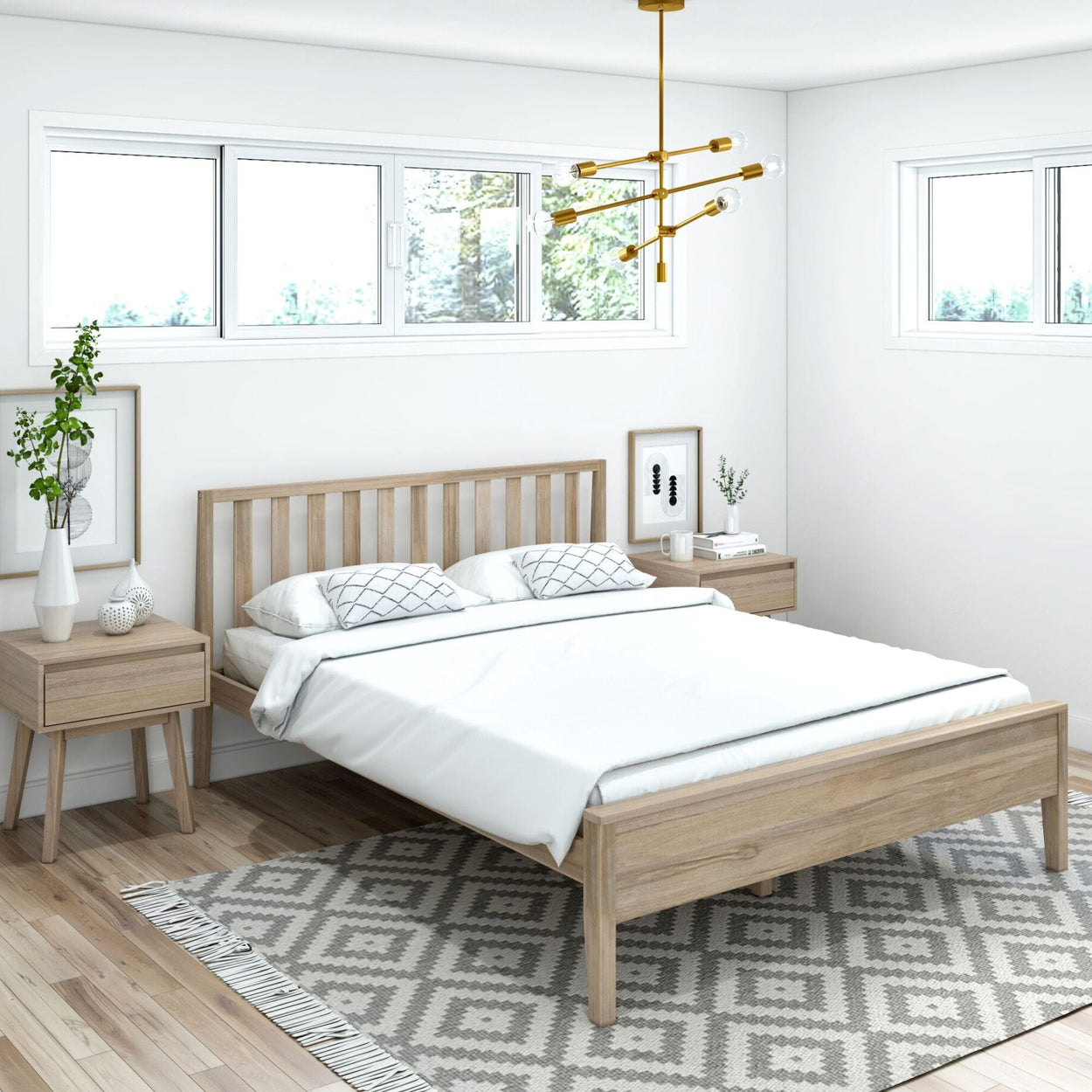 Modern Solid Wood Queen Size Bed with Slatted Headboard Single Beds Plank+Beam Blonde 