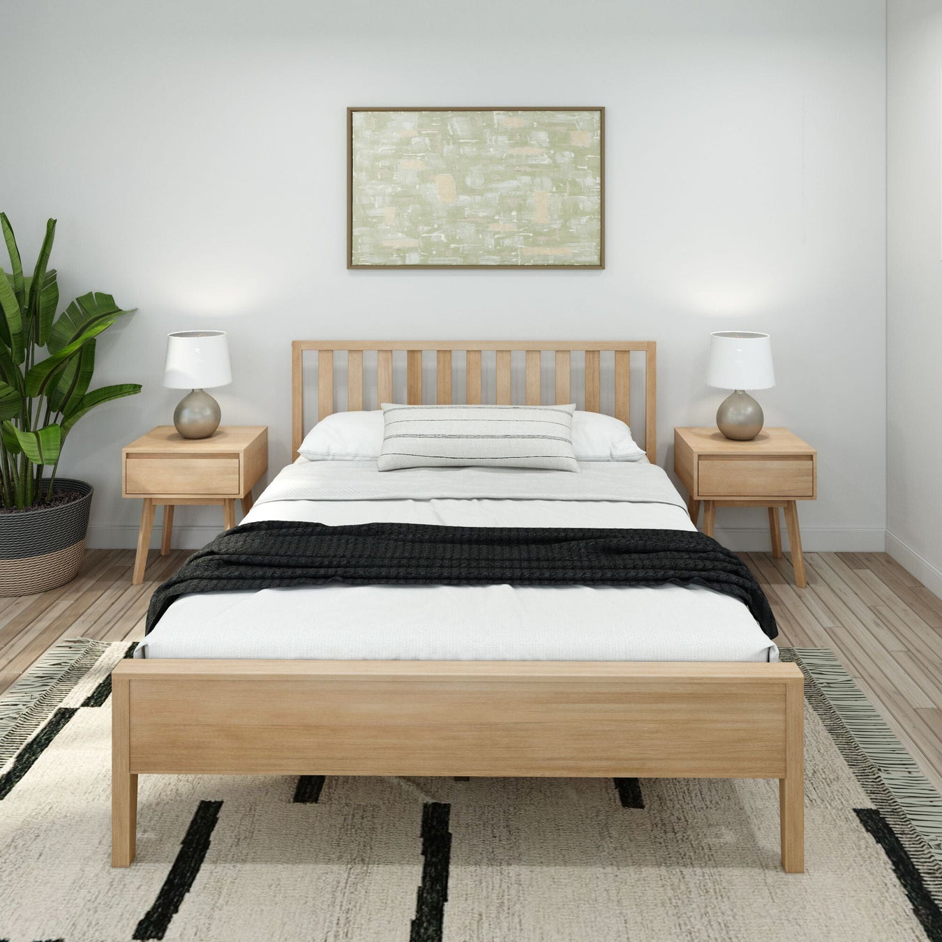 Modern Solid Wood Queen Size Bed with Slatted Headboard Single Beds Plank+Beam 