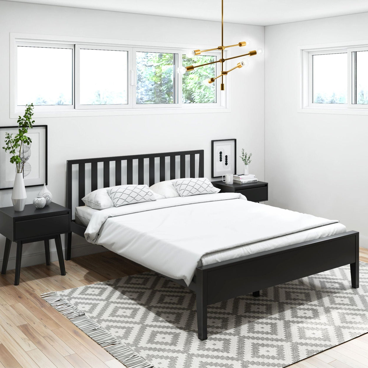 Modern Solid Wood Queen Size Bed with Slatted Headboard Single Beds Plank+Beam Black 