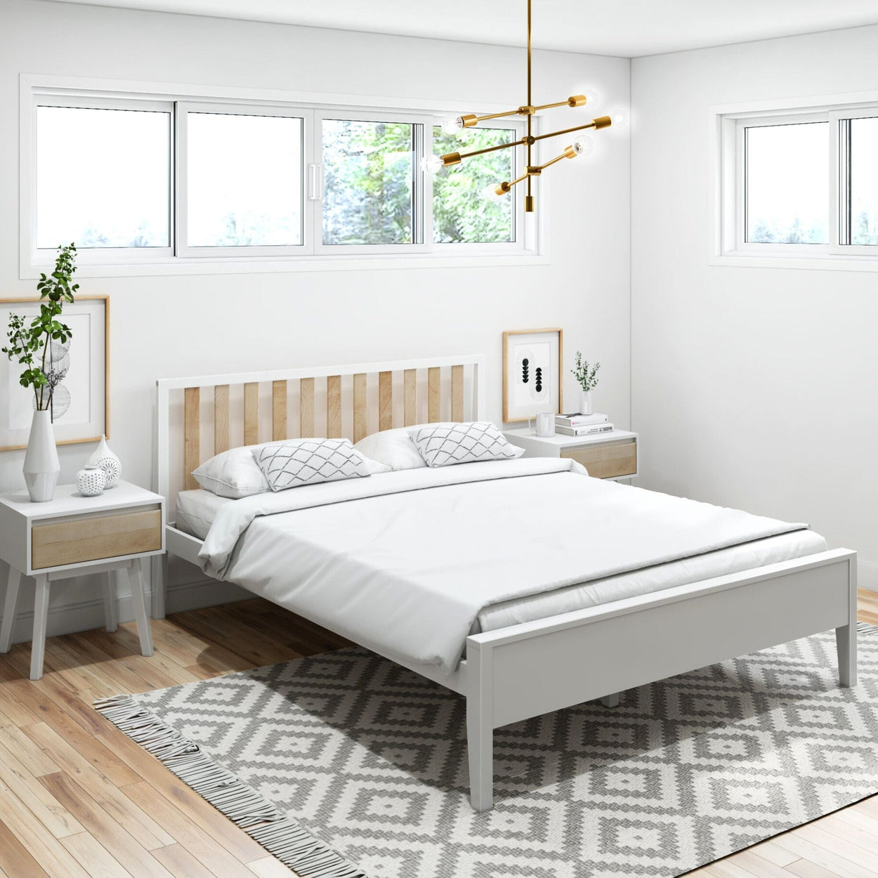 Modern Solid Wood Queen Size Bed with Slatted Headboard Single Beds Plank+Beam White and Blonde 