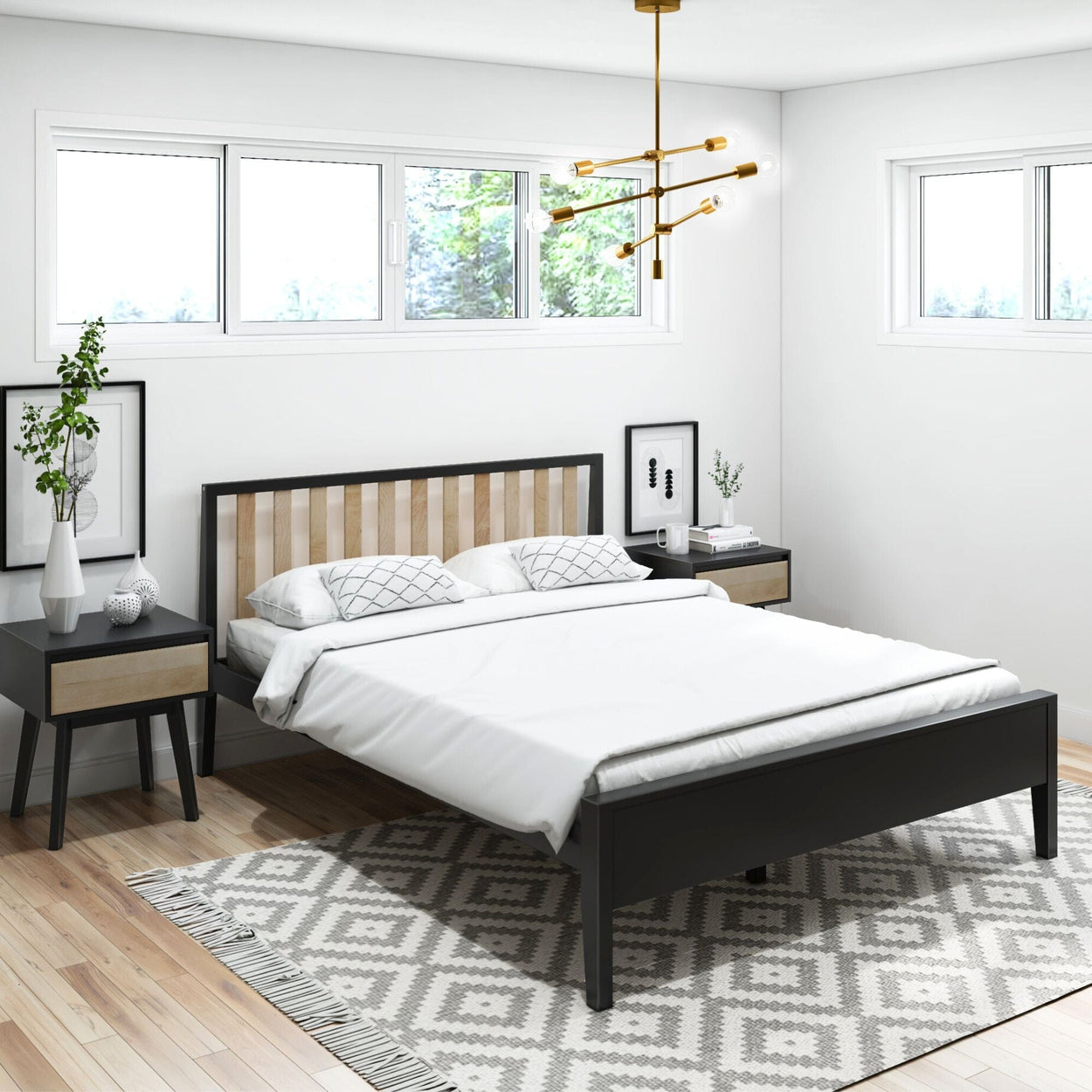 Modern Solid Wood Queen Size Bed with Slatted Headboard Single Beds Plank+Beam Black and Blonde 