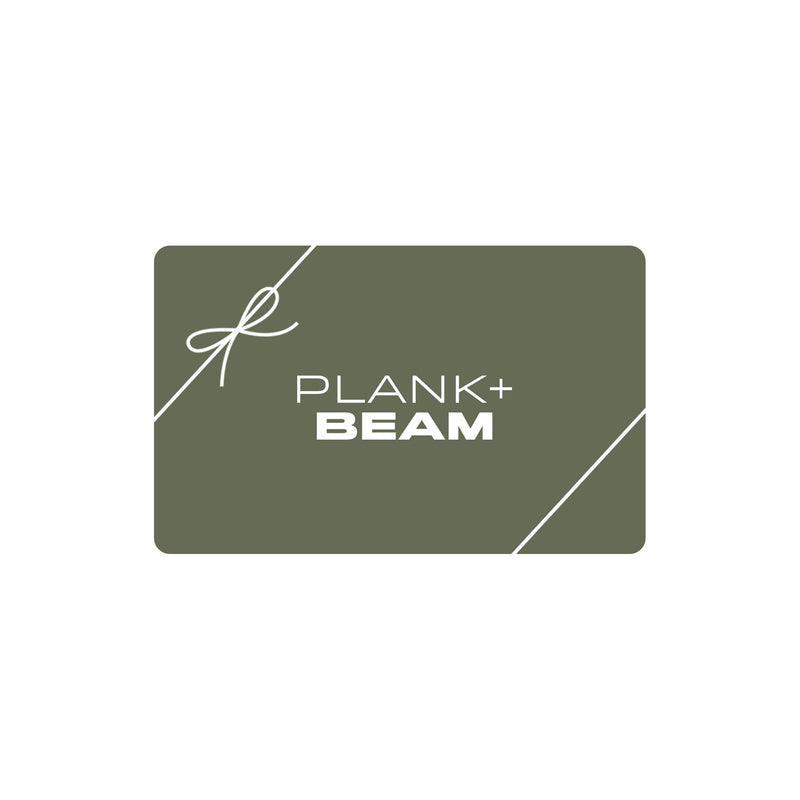 Plank + Beam gift card, olive-green rectangle with rounded corners, white logo and diagonal ribbon with bow