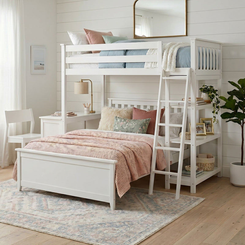 White twin-over-full loft bunk bed with ladder, built-in desk and shelves, pastel pink quilt and floral pillows in a bright coastal farmhouse kids’ bedroom with shiplap walls and potted plant