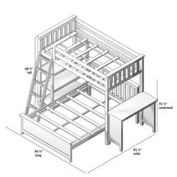 Assembly diagram of a wooden loft bunk bed frame with ladder, integrated desk/underbed storage, and dimensional measurements