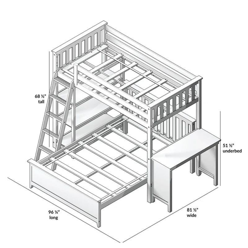 Assembly diagram of a wooden loft bunk bed frame with ladder, integrated desk/underbed storage, and dimensional measurements