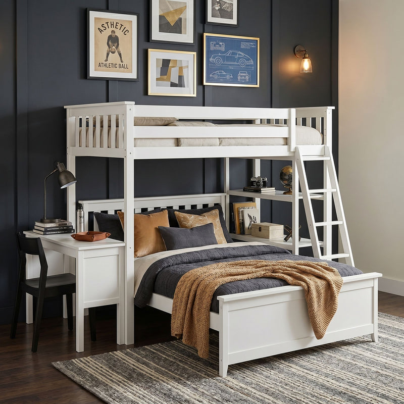 Peyton L-Shaped Bunk Bed with Desk + Bookcase - Twin over Full | Solid Pine Wood Construction | Easy Assembly