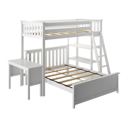White wooden loft bunk bed with twin top bunk and full bottom bed frame, built-in ladder, open shelving and small desk, slatted mattress support — kids' bedroom furniture