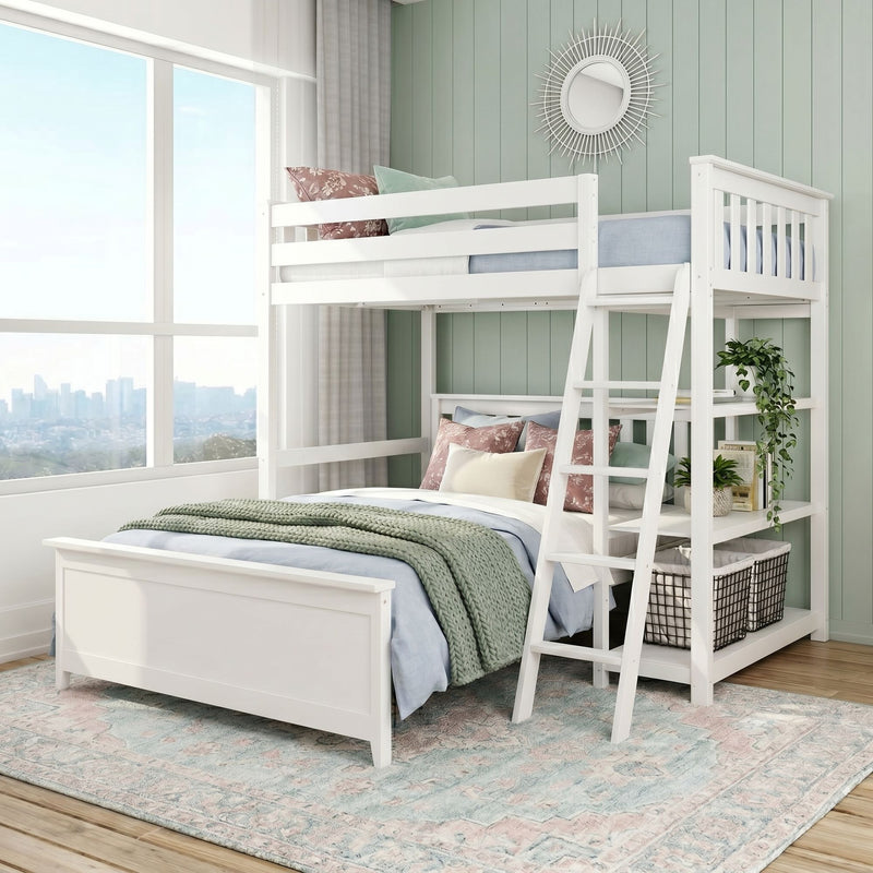 White wooden bunk bed with ladder in airy mint-green shiplap kids' bedroom, pastel floral pillows, knitted green throw, large window with city view and sunburst mirror