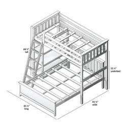 Wooden loft bunk bed frame diagram with ladder, slatted guardrails and mattress supports, underbed storage; dimensions 81.5 x 81.5 x 68.5 in