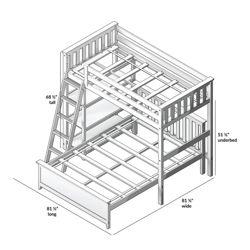 Wooden loft bunk bed frame diagram with ladder, slatted guardrails and mattress supports, underbed storage; dimensions 81.5 x 81.5 x 68.5 in