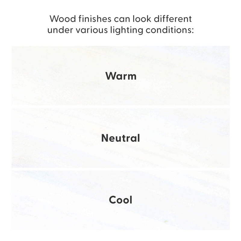 Infographic showing how wood finishes can appear different under various lighting conditions with three sample swatches labeled Warm, Neutral, and Cool