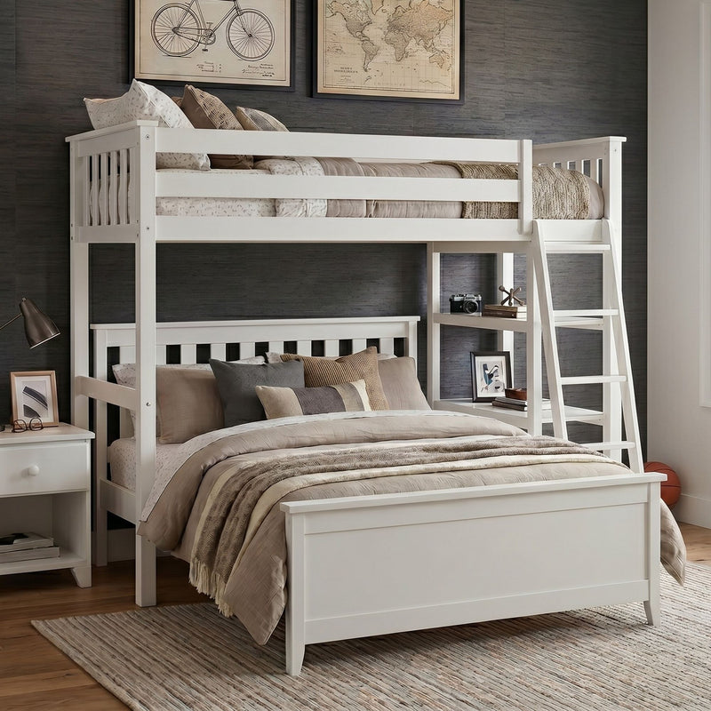 White wooden twin-over-full bunk bed with ladder, neutral beige bedding, storage shelf and framed wall art in a modern kids' bedroom