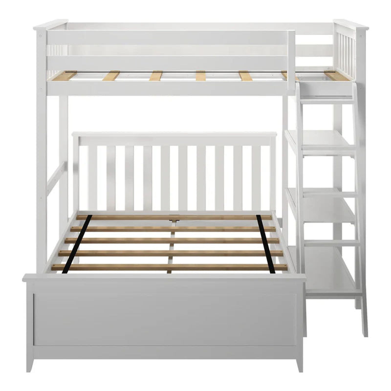White wooden twin loft bed frame with built-in ladder, shelving and slatted mattress support, space-saving kids bunk bed