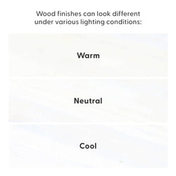 Comparison of wood finishes under warm, neutral, and cool lighting conditions, illustrating how wood color and tone shift.