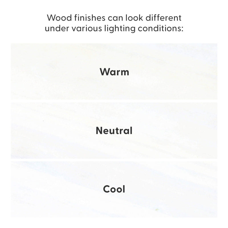 Comparison of wood finishes under warm, neutral, and cool lighting conditions, illustrating how wood color and tone shift.