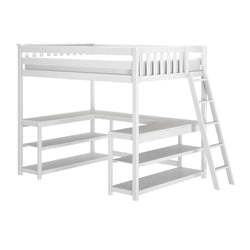White loft bunk bed with rails and angled ladder, built-in open shelving underbed — space-saving modern twin loft for kids