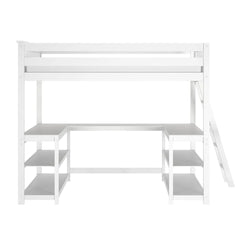 White wooden loft bed with built-in L-shaped desk, open shelving and ladder — space-saving kids' bedroom furniture