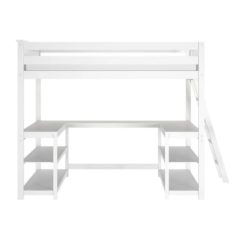 White wooden loft bed with built-in L-shaped desk, open shelving and ladder — space-saving kids' bedroom furniture