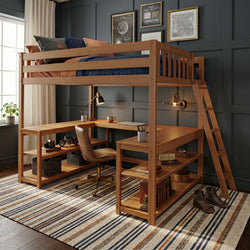Wooden loft bed with built-in L-shaped desk, ladder and open shelves in a modern study nook with navy bedding, dark paneled wall and striped rug