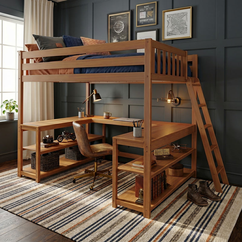 Wooden loft bed with built-in L-shaped desk, ladder and open shelves in a modern study nook with navy bedding, dark paneled wall and striped rug