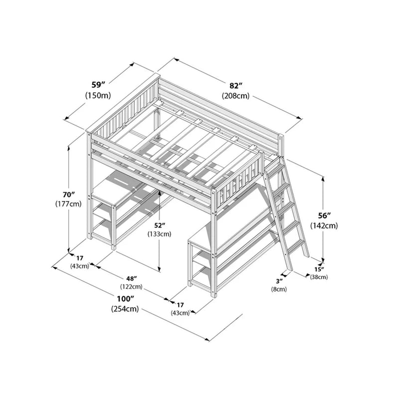 Diagram of a wooden twin loft bed with ladder, guardrails, built-in shelving and under-bed storage showing detailed dimensions in inches and centimeters (e.g., 82 in/208 cm, 59 in/150 cm, 70 in/177 cm)