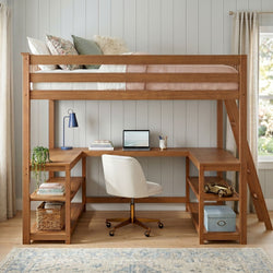 Natural wood loft bed with built-in L-shaped desk and white swivel chair, laptop, blue desk lamp, pink quilt and decorative pillows in bright home office study nook
