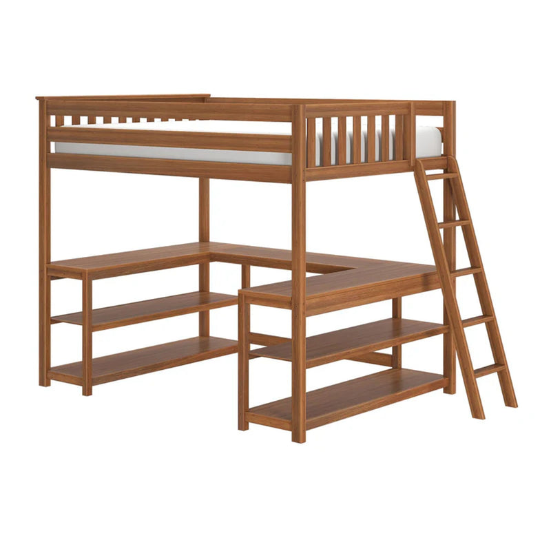 Solid wood twin loft bed with safety rails, angled ladder and built-in open shelving in warm natural finish — space-saving kids' bunk bed for small bedrooms
