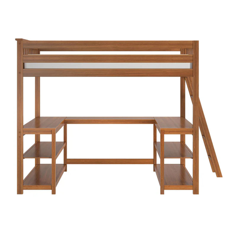 Space-saving walnut wooden twin loft bed with built-in L-shaped desk, open shelving storage, side ladder and safety guardrail
