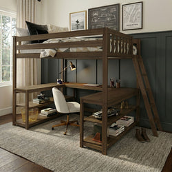 Wooden loft bed with built-in L-shaped desk and shelving, space-saving kids bedroom workspace with rustic modern finish