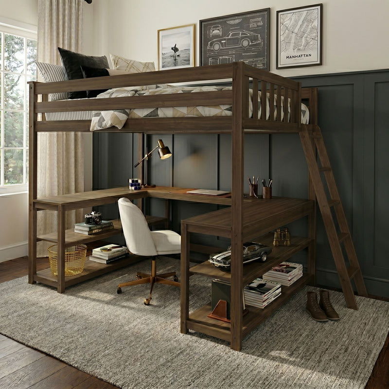 Wooden loft bed with built-in L-shaped desk and shelving, space-saving kids bedroom workspace with rustic modern finish