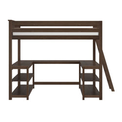 Espresso twin loft bed with built-in desk, ladder and open shelves, space-saving kids bedroom furniture