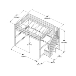 Twin wooden loft bed frame technical drawing with dimensions and measurements — 100" (254 cm) length, 81" (206 cm) width, 69" (174 cm) height, 52" (133 cm) under-bed clearance, integrated stairs and storage