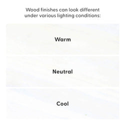 Graphic of wood finish samples demonstrating how lighting affects color, with labeled swatches for Warm, Neutral, and Cool lighting showing wood finish color variation under different lighting conditions