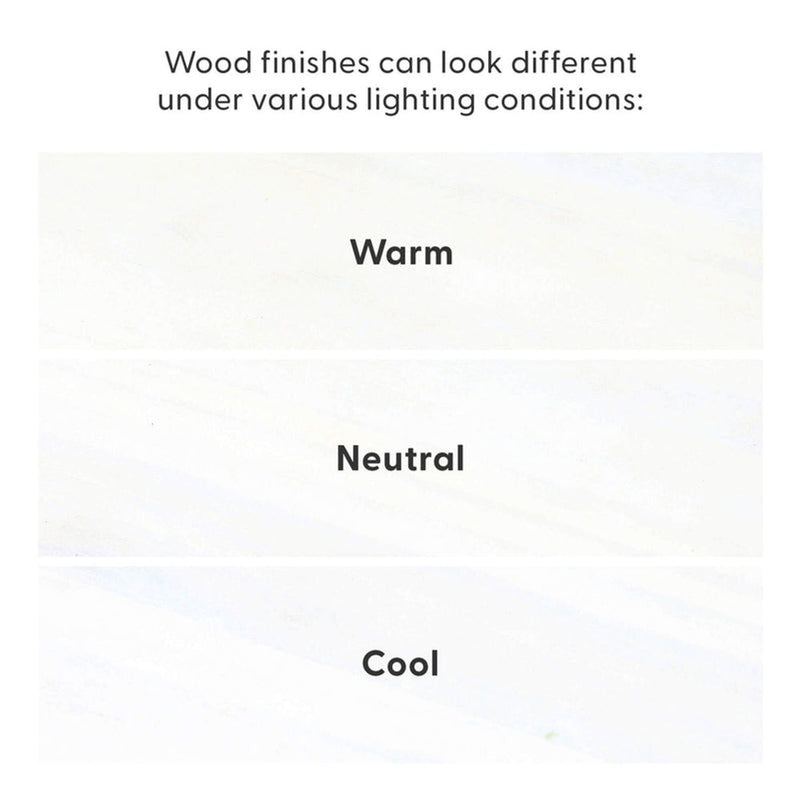 Graphic of wood finish samples demonstrating how lighting affects color, with labeled swatches for Warm, Neutral, and Cool lighting showing wood finish color variation under different lighting conditions