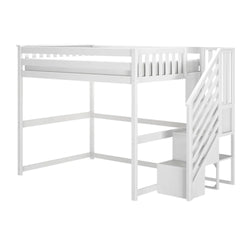 White wooden twin loft bed with staircase and built-in storage drawers, space-saving kids bunk bed for small bedrooms