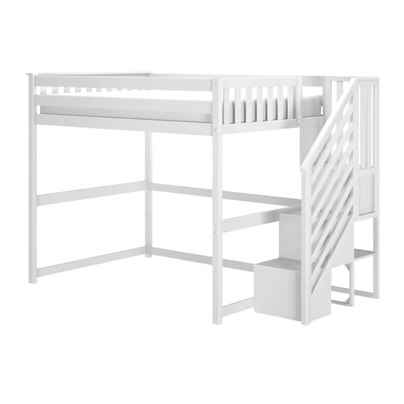 White wooden twin loft bed with staircase and built-in storage drawers, space-saving kids bunk bed for small bedrooms