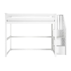 White wooden loft bed with staircase and built-in storage, twin-size elevated space-saving frame