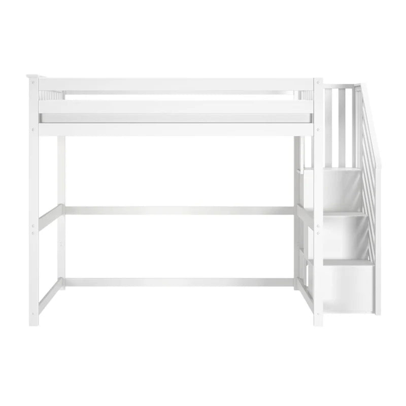 White wooden loft bed with staircase and built-in storage, twin-size elevated space-saving frame