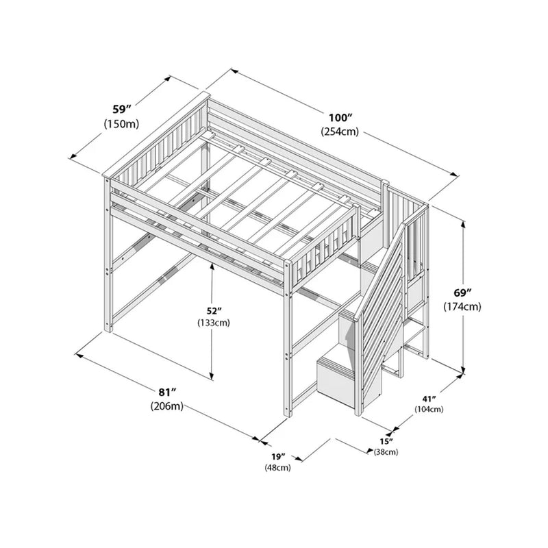 Wooden twin loft bed with built-in stairs and storage drawers, technical line drawing showing dimensions 100 in × 81 in × 69 in (254 × 206 × 174 cm)