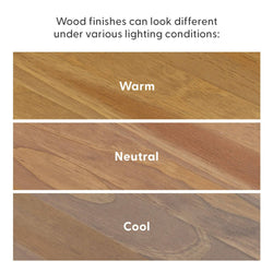 Wood finish samples showing warm, neutral, and cool lighting effects on hardwood flooring, illustrating how different lighting conditions change color and grain appearance.