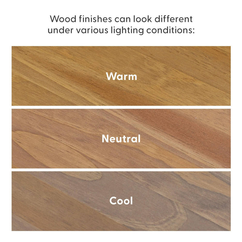 Wood finish samples showing warm, neutral, and cool lighting effects on hardwood flooring, illustrating how different lighting conditions change color and grain appearance.