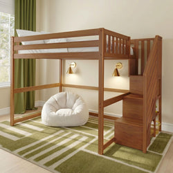 Solid wood loft bunk bed with staircase storage, brass wall sconces, white bean bag chair, green geometric area rug and green curtains in a kids' bedroom