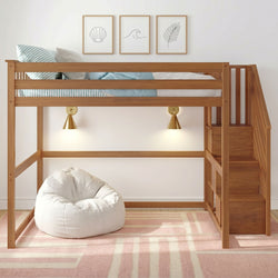 Solid wood loft bed with stairs in a children's bedroom, pastel blue bedding and striped pillow, white bean bag chair, minimalist coastal framed prints, brass wall sconces and pink plaid rug